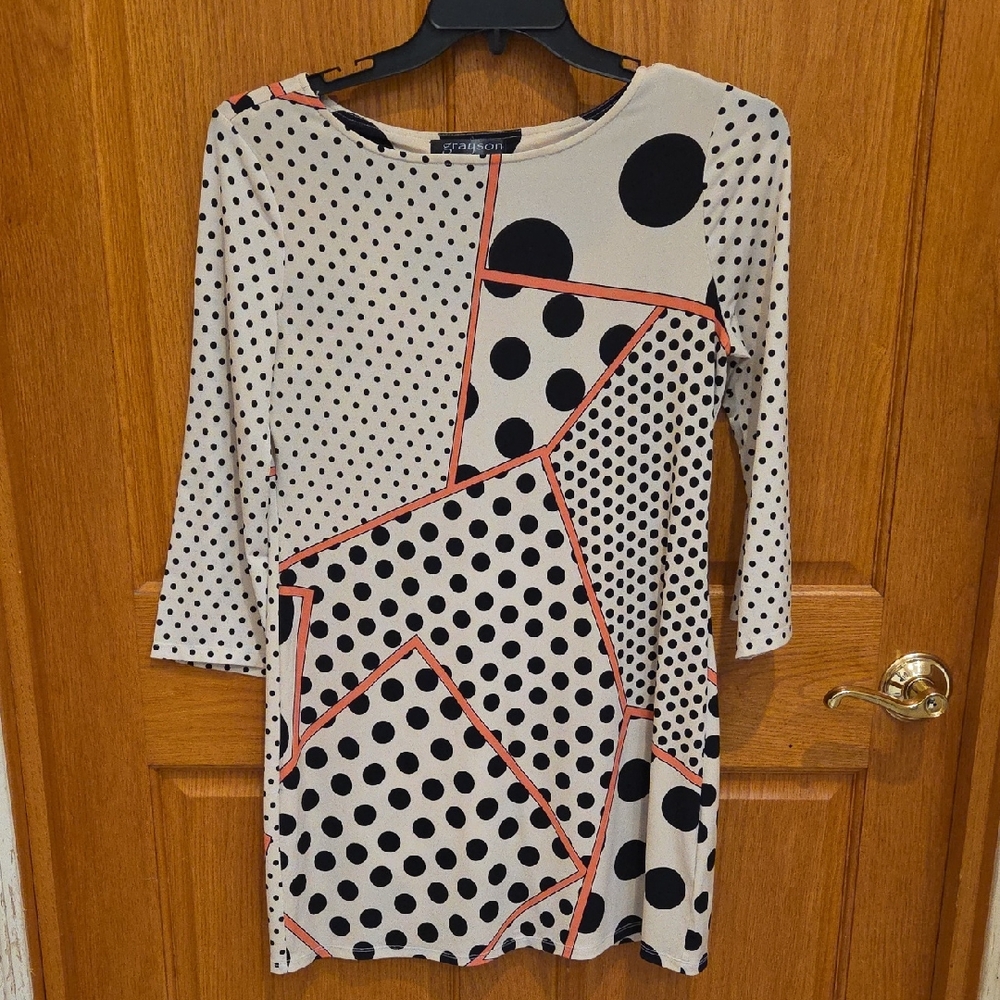 Chico's Black and Cream Geometric Long Sleeve Dress SHORT